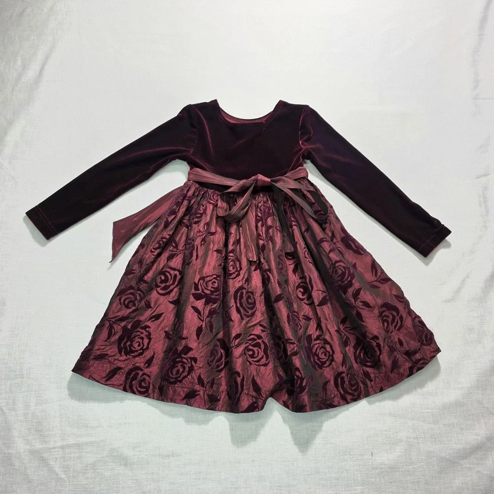 Vtg Bonnie Jean Dress Girls 4 Burgundy Velvet Burn Out Skirt Sash Holiday‎ Union